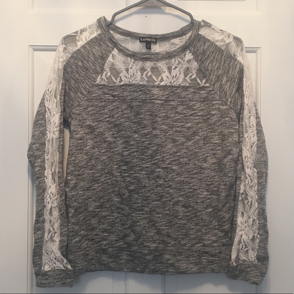 Grey express sweater with partial lace sleeves